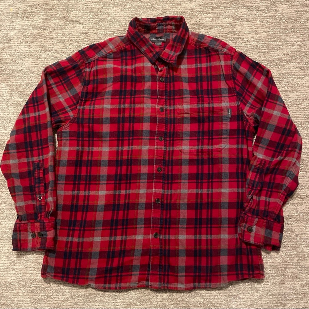 Eddie Bauer Men's Plaid Long Sleeve Button Shirt Flannel Red Size Large Outdoor